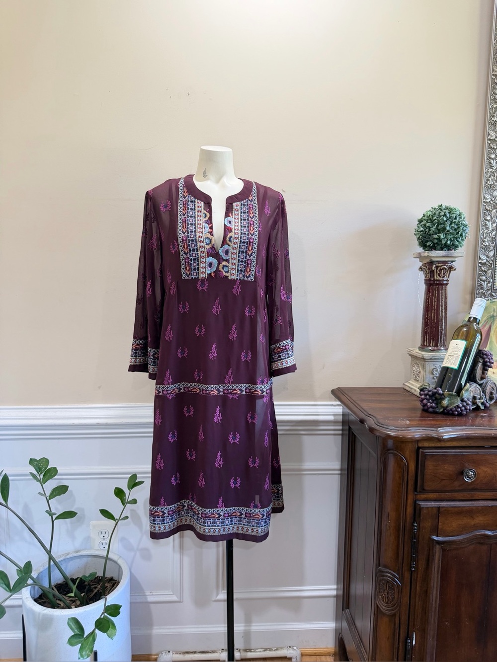 Sundance Boho Embroidered Plum Midi Dress